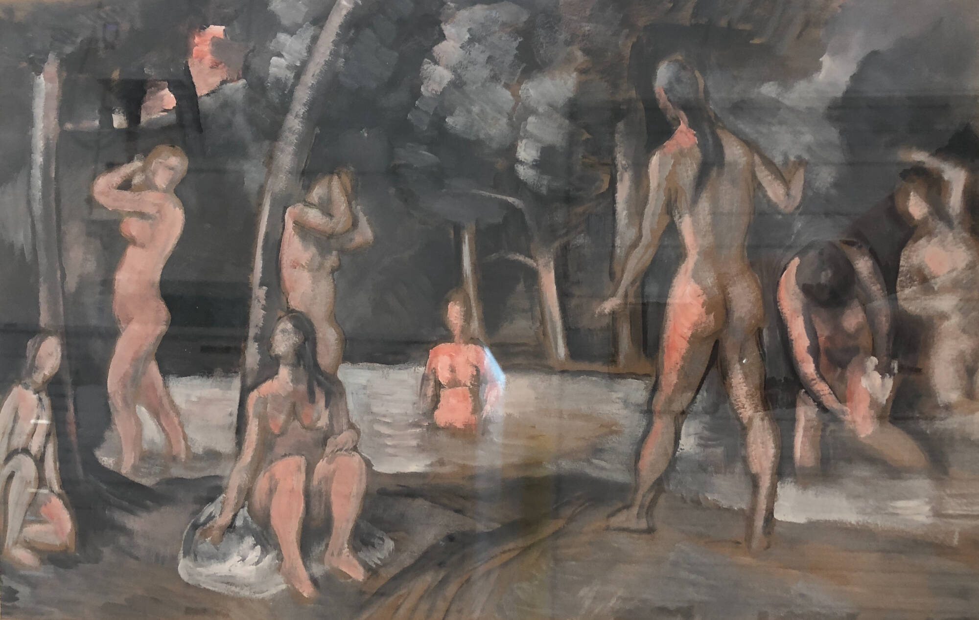 Painting of multiple nude women some in the water, some standing or sitting near the water. Trees in the background.